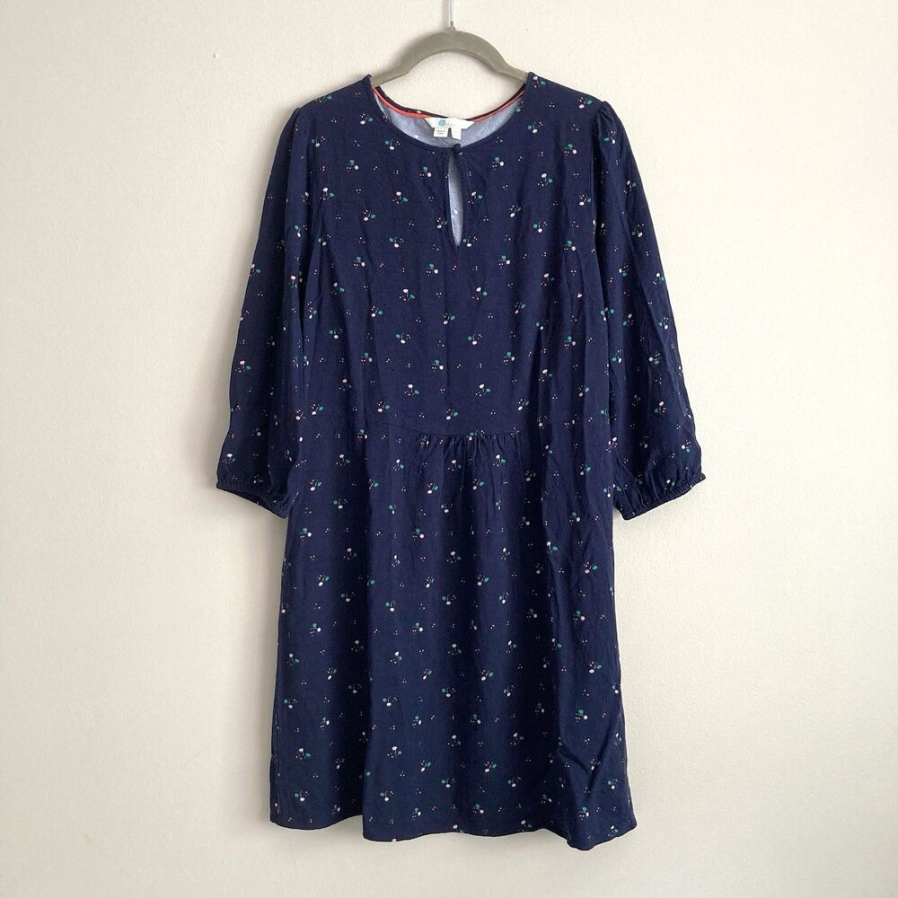 Boden Navy Pom-Pom Bud Dress 3/4 Sleeve Keyhole Neck Women's Size 10 Modest